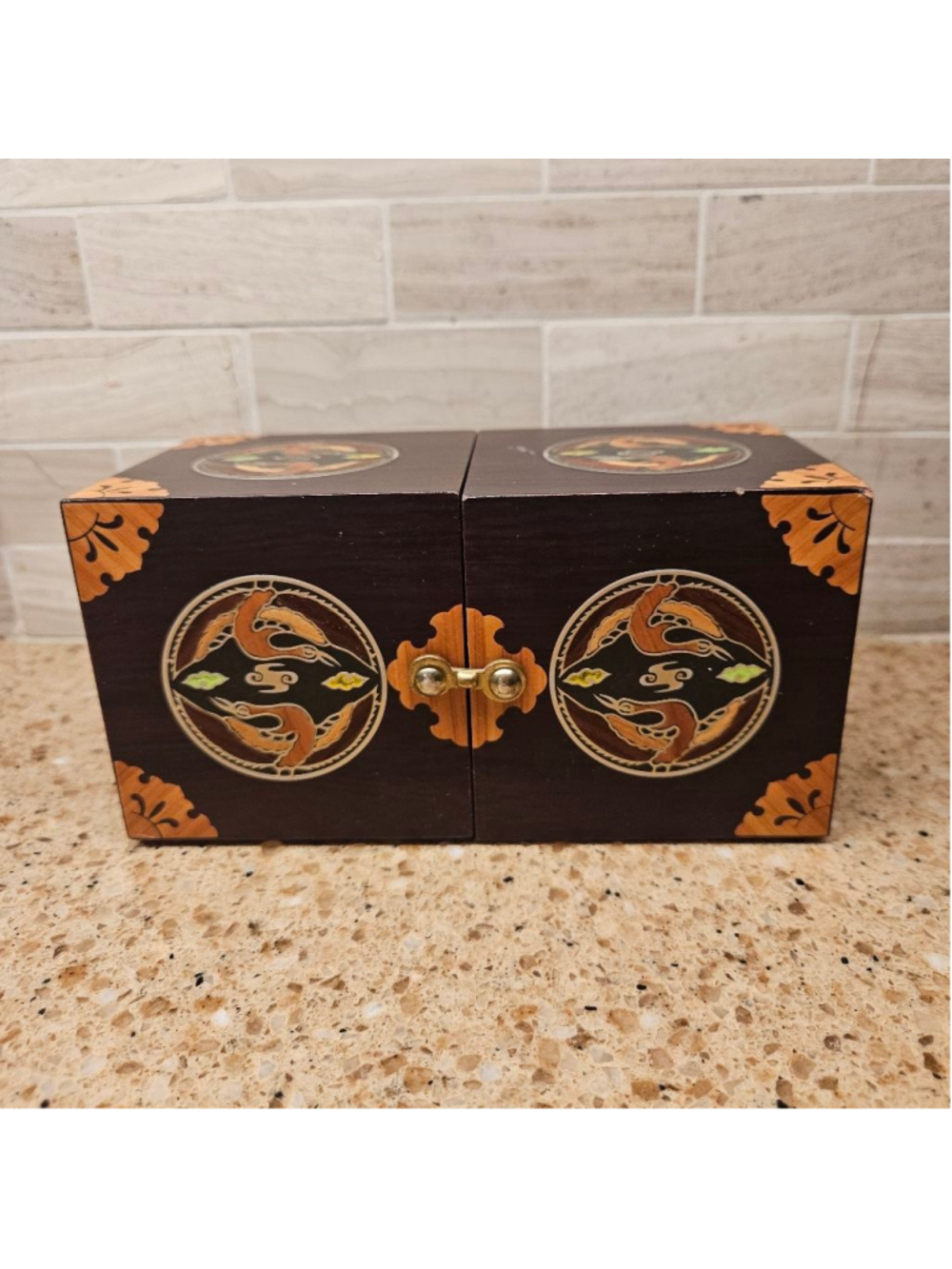 Collectible Korean wood metal inlay jewelry puzzle box